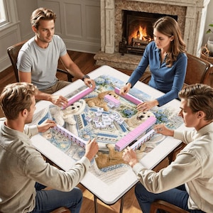 May include: A group of four people playing a game of Mahjong. The game is set on a square table with a decorative dog-themed design. The Mahjong tiles and racks are pink.