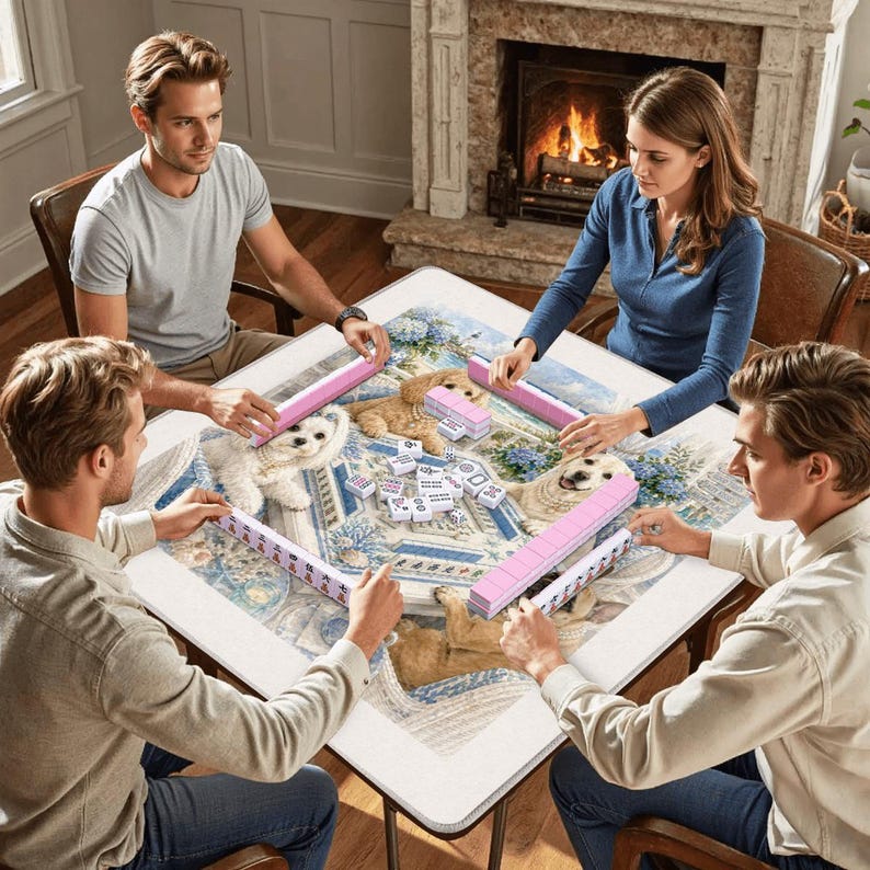 May include: A group of four people playing a game of Mahjong. The game is set on a square table with a decorative dog-themed design. The Mahjong tiles and racks are pink.