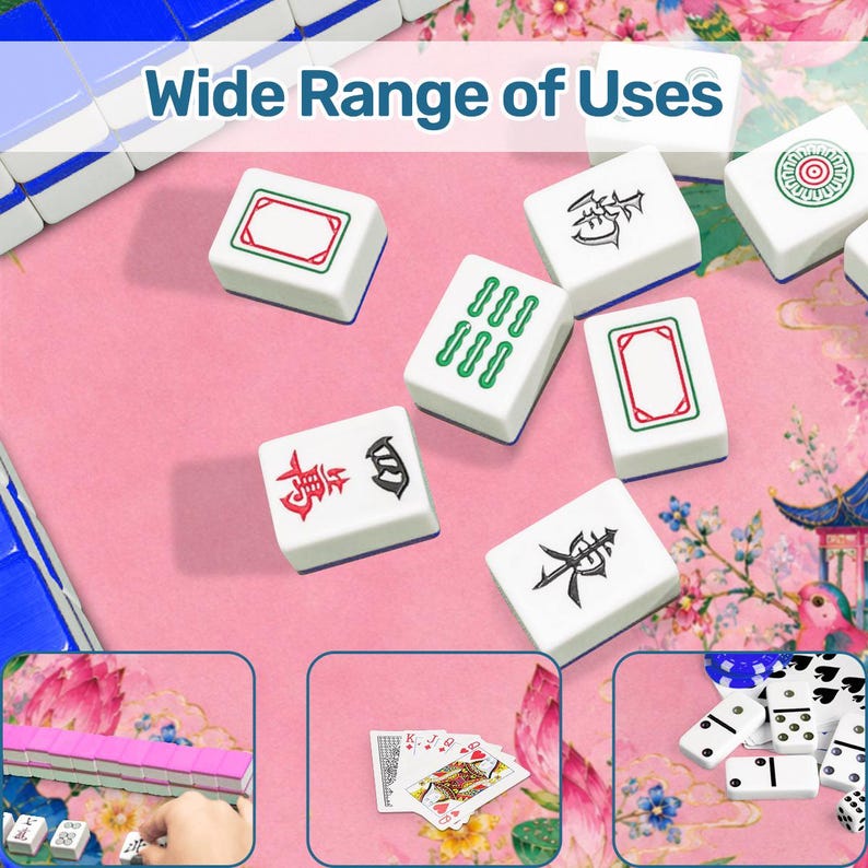May include: White Mahjong tiles with various symbols and designs are scattered on a pink floral patterned surface. The text "Wide Range of Uses" is at the top. Additional game pieces are shown in the bottom corners.