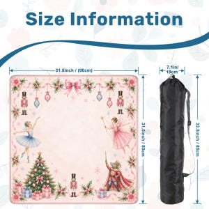 May include: A pink mat with a ballet-themed design, measuring 31.5 inches (80cm) square, with a black carrying bag. The mat features illustrations of ballerinas, nutcrackers, and a Christmas tree. The bag is 33.5 inches (85cm) long.
