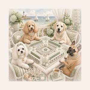 May include: Watercolor illustration of four dogs playing mahjong at a table. The dogs, a poodle, a Labrador, a Maltese, and a French Bulldog, wear pearl necklaces. The table is set on a patio overlooking the ocean, with a lighthouse and sailboats in the background.