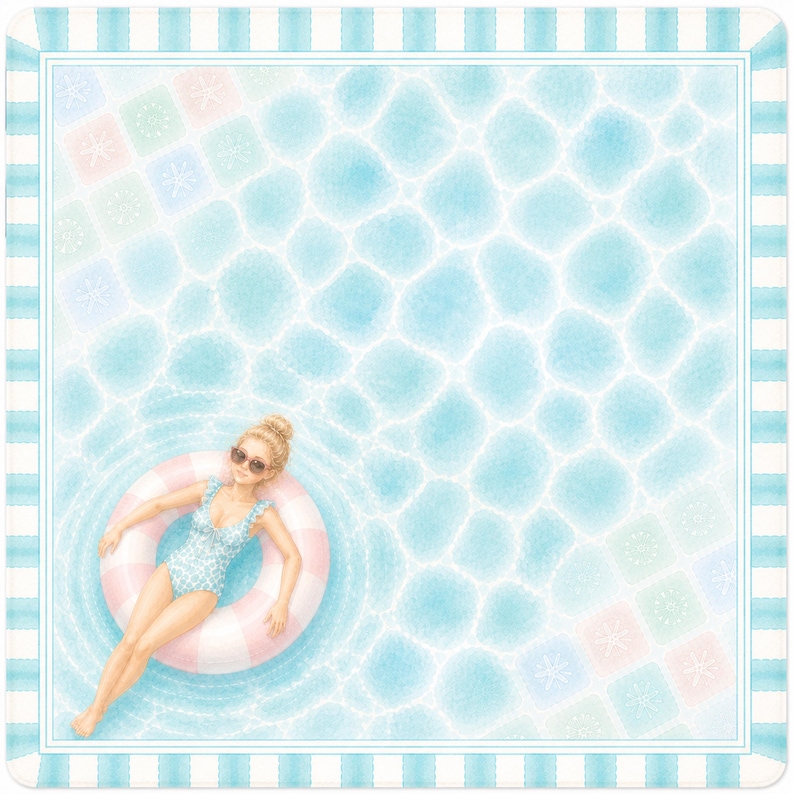 May include: Illustration of a woman in a blue swimsuit and sunglasses floating on a pink and white striped inner tube in a pool. The pool has a light blue water pattern with a decorative border.