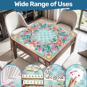 May include: A wooden table with a decorative mat featuring sea turtles, coral, and floral designs. The mat has a pink border and the text "OAK & PALM CO." The image also shows playing cards, dominoes, and mahjong tiles, with the text "Wide Range of Uses".