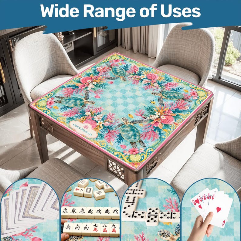 May include: A wooden table with a decorative mat featuring sea turtles, coral, and floral designs. The mat has a pink border and the text "OAK & PALM CO." The image also shows playing cards, dominoes, and mahjong tiles, with the text "Wide Range of Uses".