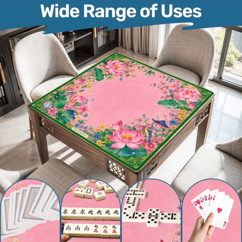 May include: A wooden table with a pink surface, adorned with a floral design featuring lotus flowers and other blooms. The table is surrounded by chairs and showcases various games like cards, mahjong, and dominoes. The text "Wide Range of Uses" is at the top.