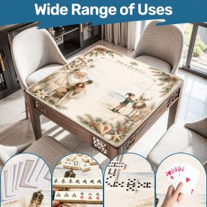 May include: A wooden table with a decorative top featuring a Santa Claus illustration playing a guitar and an elf with a reindeer. The table is surrounded by chairs. The image includes the text "Wide Range of Uses" and "OAK & PALM CO."
