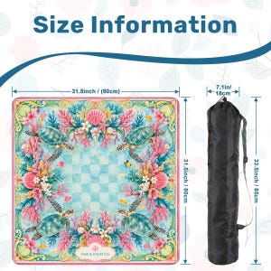 May include: A square, colorful mat with a sea turtle design, measuring 31.5 inches (80cm) on each side. The mat features a checkerboard pattern, coral, and floral elements. It comes with a black carrying bag, 33.5 inches (85cm) long.