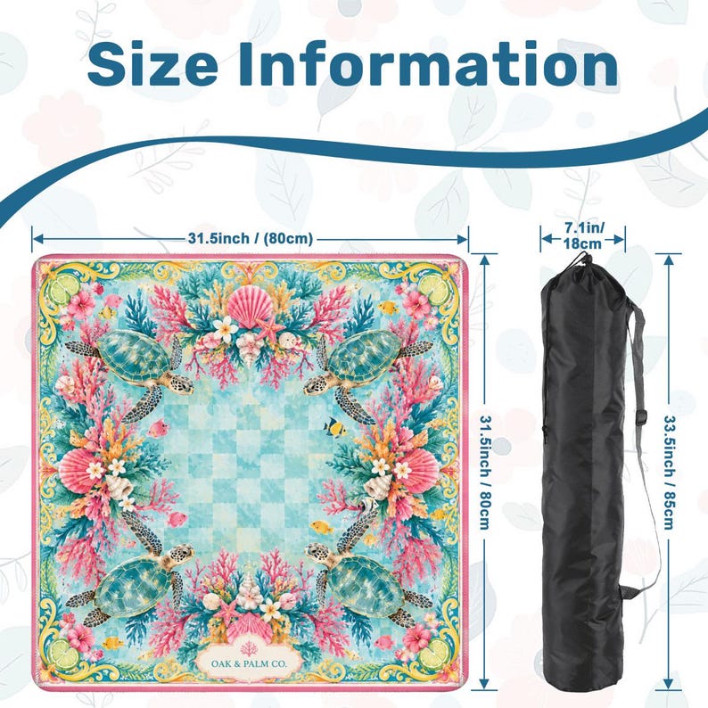 May include: A square, colorful mat with a sea turtle design, measuring 31.5 inches (80cm) on each side. The mat features a checkerboard pattern, coral, and floral elements. It comes with a black carrying bag, 33.5 inches (85cm) long.