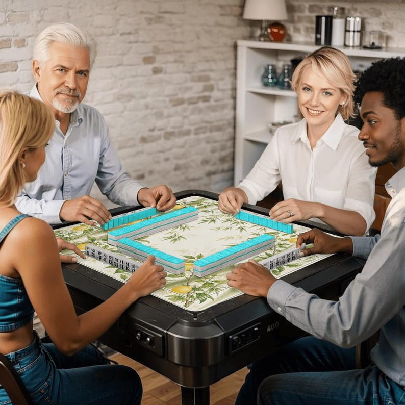 May include: A group of four people playing a game of Mahjong around a black table. The table has a light-colored surface with a botanical design. The Mahjong tiles are light blue and gray.