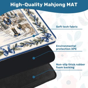 May include: A high-quality Mahjong mat with a winter scene featuring a nutcracker and reindeer. The mat has a soft tech fabric surface, environmental protection XPE, and a non-slip thick rubber foam backing. The top layer has a cream background with blue accents.