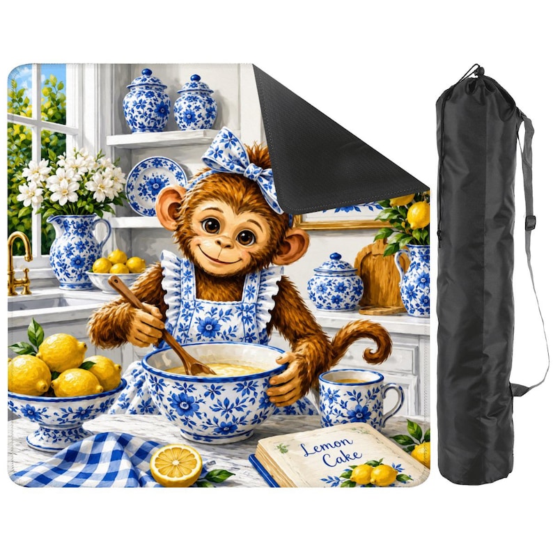 May include: A whimsical illustration of a monkey in a kitchen, wearing a blue and white apron and bow, stirring a bowl. Lemons and blue and white china are on the counter. The text "Lemon Cake" is on a book. A black carrying bag is on the right.