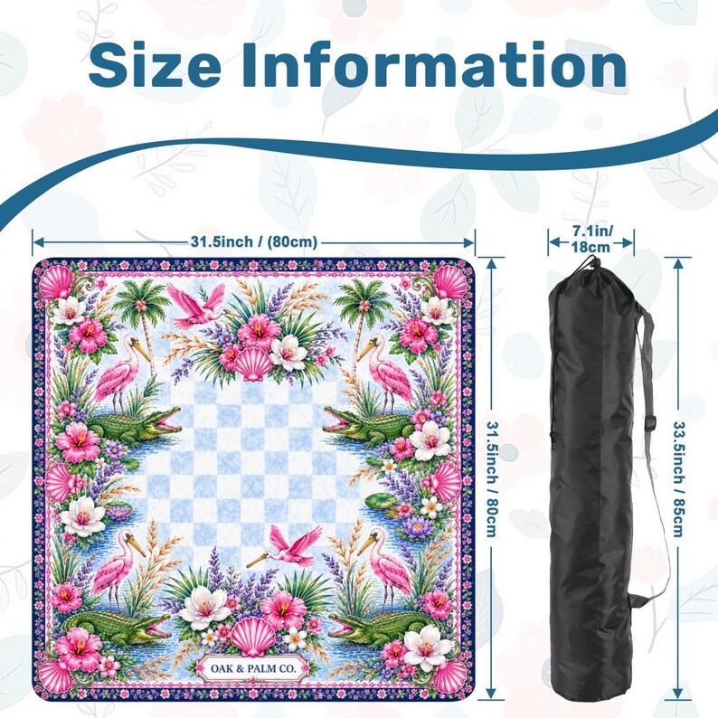 May include: A square, floral-themed mat with a blue and white checkered center, surrounded by pink flowers, flamingos, and alligators. The mat is 31.5 inches (80cm) square and comes with a black carrying bag. The text "Size Information" is at the top.