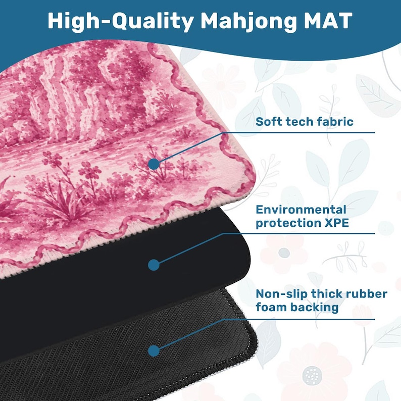 May include: A close-up of a high-quality Mahjong mat. The top layer features a pink and white landscape design. The mat has a soft tech fabric, environmental protection XPE, and a non-slip thick rubber foam backing.