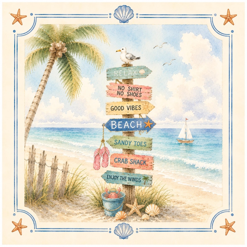 Pu&ograve; includere: Illustrazione ad acquerello di una scena sulla spiaggia con un palo indicatore con frasi come "Relax" e "Beach". L'immagine include una palma, un gabbiano, una barca a vela e conchiglie, evocando un tema costiero. Il palo indicatore ha anche "Sandy Toes" e "Crab Shack".