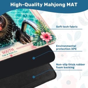 May include: A rectangular Mahjong mat featuring a graphic of a dark animal in a swimming pool with tropical flowers. The mat is composed of a soft tech fabric top layer, an environmental protection XPE middle layer, and a non-slip thick rubber foam backing.