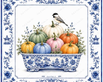 May include: A rectangular blue and white ceramic planter filled with a variety of colorful pumpkins in shades of orange, yellow, green, blue, and pink, topped with a small black and white bird, surrounded by a decorative blue and white floral border.