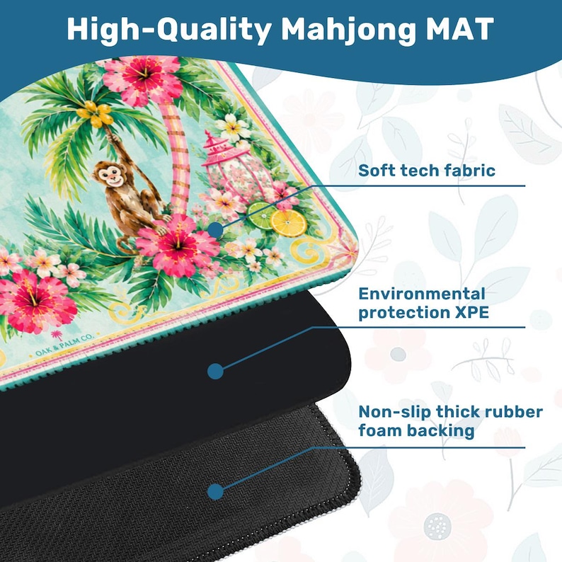 May include: A high-quality Mahjong mat with a tropical design featuring a monkey, palm trees, and vibrant pink flowers. The mat has a soft tech fabric surface, environmental protection, and a non-slip thick rubber foam backing.