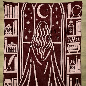 May include: A rectangular crochet blanket in deep burgundy and light pink featuring a central figure standing before a large arched window with a crescent moon and stars. The design includes bookshelves on both sides with items like books, a skull, a quill, a crystal ball, potion bottles, and a cauldron labeled "SPELL bound".