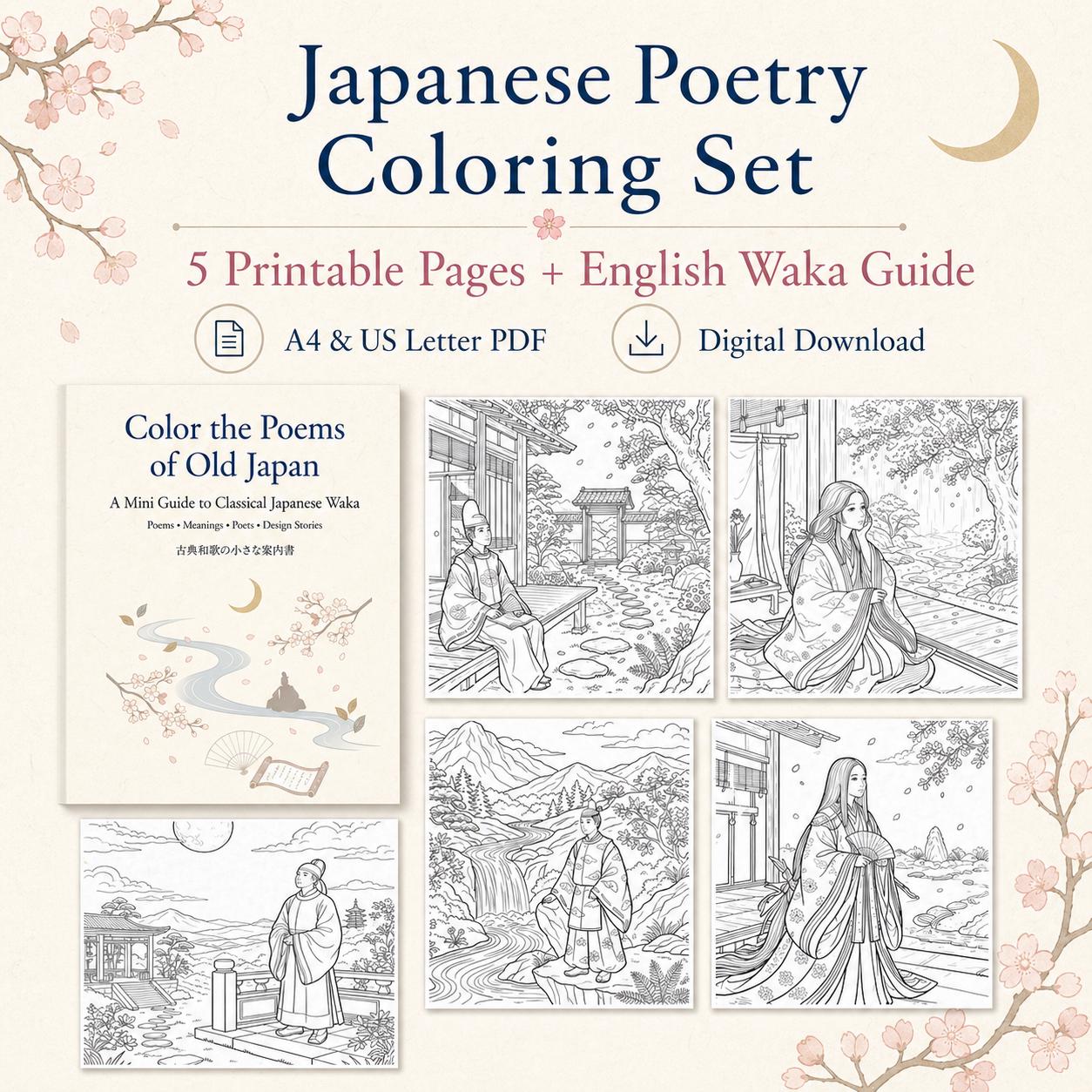 Printable Japanese Coloring Pages, Adult Coloring Book, Waka Poetry Art ...