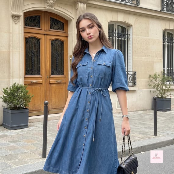 button front a line midi dress Puff Sleeve Denim Women | Eco Friendly A-line Dress | Tie Waist Boho Vintage Dress | Sustainable Slow Fashion Size:CUSTOM SIZE Fully lined Structure mermaid wedding dresses Tionna Backless Midi Dress