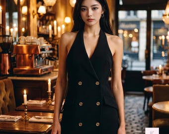 Minivestido negro vintage con escote halter / Estilo blazer cruzado, botones dorados, vestido de cóctel sin espalda