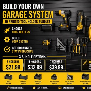 Può includere: Un sistema di organizzazione del garage con pacchetti di supporti per utensili stampati in 3D. L'immagine mostra vari supporti per trapani, seghe e altri utensili, insieme a una prolunga gialla. Il testo recita "Build Your Own Garage System."