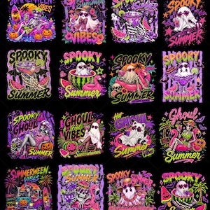May include: A collection of sixteen digital graphic designs featuring skeletons, ghosts, and raccoons in summer settings with neon colors. Text includes phrases like Summerween Vibes, Spooky Summer, and Ghoul Hot Vibes, set against a black background.