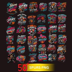May include: A collection of 50 San Antonio Spurs PNG graphics. The designs feature basketball imagery, team logos, and phrases like "Go Spurs Go" and "Game Day." The colour palette includes teal, black, and pink.