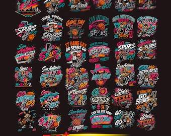 May include: A collection of 50 San Antonio Spurs PNG graphics. The designs feature basketball imagery, team logos, and phrases like "Go Spurs Go" and "Game Day." The color palette includes teal, black, and pink.
