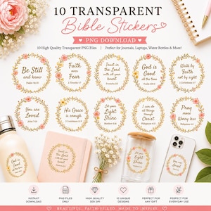 Può includere: Download digitale di 10 adesivi biblici trasparenti con disegni di ghirlande floreali. Gli adesivi presentano citazioni ispiratrici e versetti biblici, perfetti per diari, laptop e bottiglie d'acqua. L'immagine mostra esempi degli adesivi su vari oggetti.