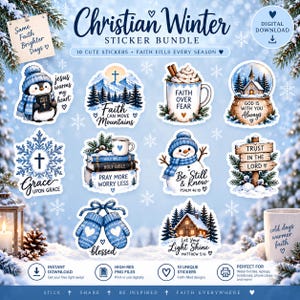 Puede incluir: Un paquete de pegatinas digitales titulado Christian Winter con diez diseños de temática invernal en azul y blanco. Las pegatinas incluyen un pingüino con una Biblia, montañas nevadas, una taza, una bola de nieve, una cruz, libros, un muñeco de nieve, un letrero de madera, manoplas y una cabaña, todos con textos religiosos.
