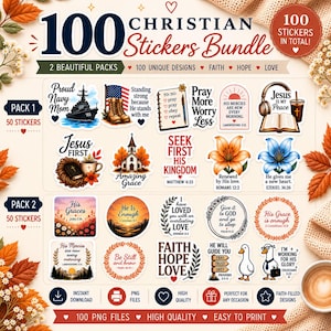 Puede incluir: Un paquete digital de 100 pegatinas con temática cristiana que incluye dos sets de 50 diseños cada uno. La colección presenta diversas ilustraciones de símbolos religiosos, flores, paisajes y citas inspiradoras sobre un fondo blanco.