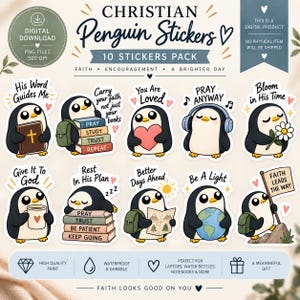 Puede incluir: Un paquete de descarga digital de 10 pegatinas de pingüinos cristianos con varias ilustraciones de pingüinos con textos inspiradores que incluyen His Word Guides Me, You Are Loved, Pray Anyway, Bloom in His Time, Give It To God y Be A Light.
