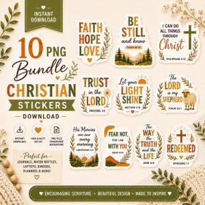 May include: A digital bundle of 10 Christian stickers featuring various religious quotes and scripture references. The designs include illustrations of mountains, forests, flowers, and a sheep, all rendered in a warm color palette of orange, brown, and green.