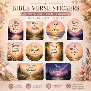 May include: A collection of Bible verse stickers with landscape illustrations and inspirational quotes. The stickers are in various shapes and sizes, featuring phrases like "Be Still & Know" and "God Is Love". The text "Bible Verse Stickers" is at the top.