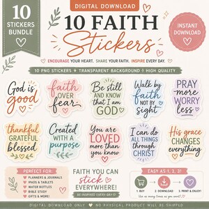 May include: A digital bundle of 10 faith-themed stickers featuring various inspirational quotes like God is good, faith over fear, and You are loved. The stickers are displayed in a grid with a light background, including text about digital download, PNG format, and usage instructions.
