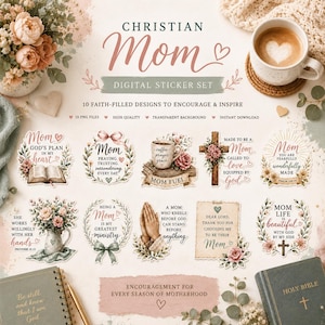 May include: A digital sticker set with a Christian Mom theme. The design includes floral elements, a coffee cup, a cross, and the words "Mom" and "Holy Bible." The set includes 10 PNG files with high-quality, transparent backgrounds for instant download.