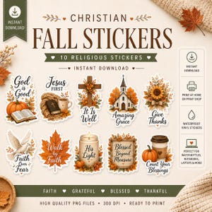 May include: A digital collection of 10 Christian fall-themed stickers featuring autumn leaves, pumpkins, a church, a cross, a dove, and a candle. Each sticker includes religious text such as God is Good, Jesus First, It Is Well, Amazing Grace, Give Thanks, Faith Over Fear, Walk by Faith, His Light, Blessed Beyond Measure, and Count Your Blessings.