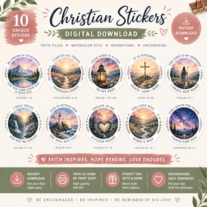Könnte beinhalten: Ein Set aus 10 runden christlichen Aufklebern mit Aquarell-Landschaften und religiösen Texten. Die Motive zeigen Berge, einen Leuchtturm, ein Kreuz und einen Sternenhimmel, jeweils kombiniert mit Bibelversen wie Josua 1,9.