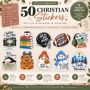 May include: A digital download set of 50 Christian stickers featuring various illustrations including a camera, books, a football, penguins, a pumpkin, a ghost, a snowman, and mountain landscapes with text such as All for His Glory and Faith Can Move Mountains.
