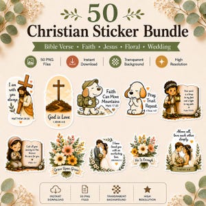 Peut inclure: Un lot de 50 autocollants chrétiens avec divers motifs, notamment des versets bibliques, des compositions florales et des thèmes de mariage. Les autocollants présentent des illustrations de Jésus, des croix et des citations inspirantes. Téléchargement instantané, fond transparent, haute résolution.