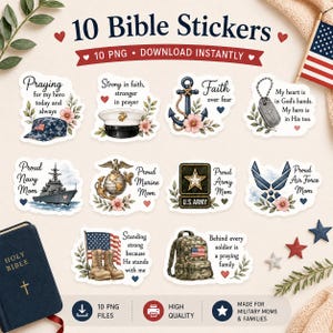 May include: A set of 10 digital Bible stickers featuring military-themed illustrations including a camouflage cap, a service hat, an anchor, dog tags, a naval ship, a globe emblem, an Army badge, an Air Force logo, boots, and a backpack.