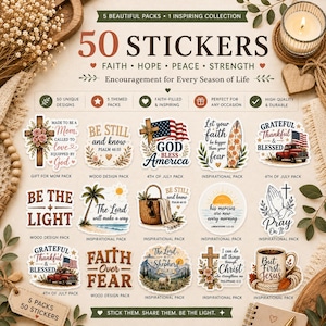 Puede incluir: Un conjunto de 50 pegatinas con temas inspiradores. Los diseños incluyen cruces, banderas americanas y frases alentadoras como "Fe sobre el miedo". Perfectas para decorar y compartir mensajes positivos.