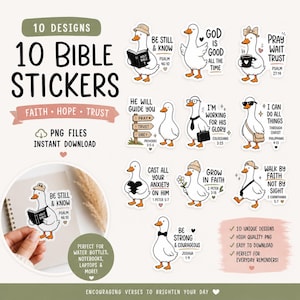 May include: A sheet of 10 Bible-themed stickers featuring cartoon geese with inspirational quotes. The stickers include phrases like "Be Still & Know" and "God is Good." The design includes the words "Faith, Hope, Trust" and is perfect for water bottles and laptops.