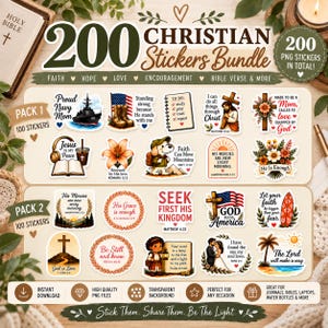 May include: A digital collection of 200 Christian-themed stickers featuring religious imagery, Bible verses, and inspirational quotes. The bundle includes illustrations of crosses, flowers, landscapes, and figures, organised into two packs of 100 PNG files.