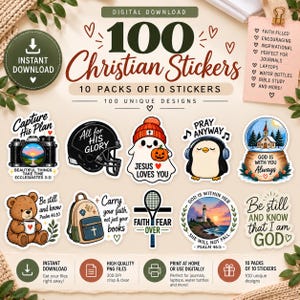May include: A digital download collection of 100 Christian stickers featuring 10 unique packs. Designs include a camera, football helmet, ghost, penguin, snow globe, teddy bear, backpack, tennis racket, lighthouse, and various faith-based text.