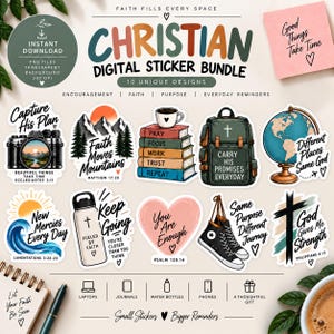 Kristna klistermärken PNG-paket 10-pack Trocitat Bibelvers Inspirerande Religiös Grafik Skriftdagbok Konstverk Utskrivbara Digitala
