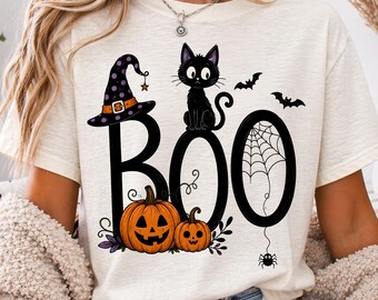 CHalloween Boo PNG, design per sublimazione con gatto nero carino e zucca, grafica spettrale per maglietta con cappello da strega, sublimazione autunnale