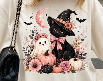 Fantasma rosa boho PNG, maglietta con grafica di un simpatico fantasma di Halloween, fantasma civettuolo con gatto nero, PNG autunnale vintage, PNG di tendenza per la stagione spettrale di Halloween