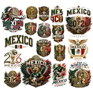 May include: A collection of Mexico 2026 World Cup graphic designs featuring soccer players, eagles, the FIFA trophy, and the Mexican flag. The illustrations incorporate text such as Mexico, 2026, and World Cup in various fonts, colors, and layouts.